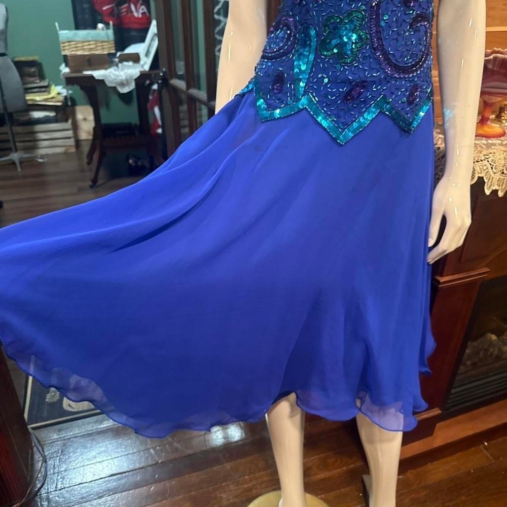Vintage Laurence Kazar New York Dress Royal Blue Beaded Silk Size Small S - Picture 3 of 8